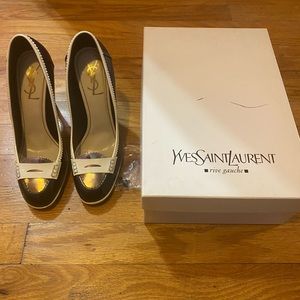 YSL shoes size 38. Patent leather, gently worn. navy, ivory & bronze.